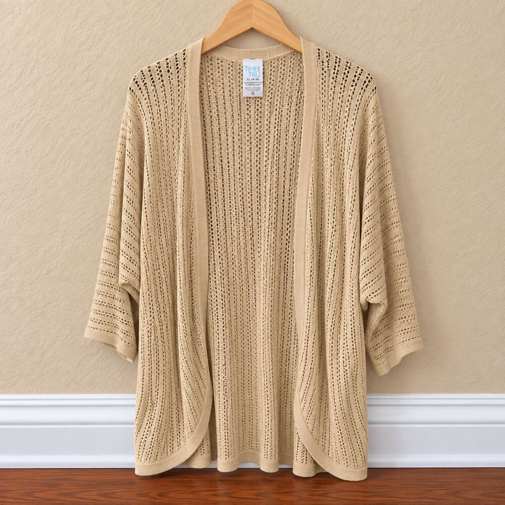 NWT Time & Tru XL Oversized Crochet Cardigan Boho Open‎ Knit Tan Beige Sweater